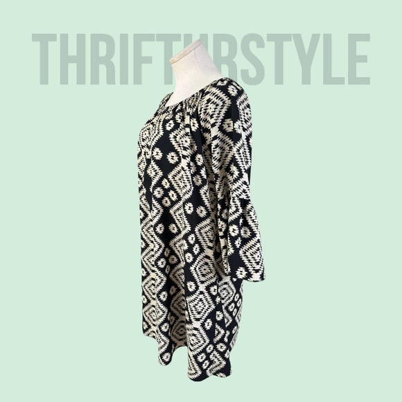 R Rouge Women's LARGE sheath dress, bell sleeves, Midi dress, black & White Boho - Picture 2 of 9